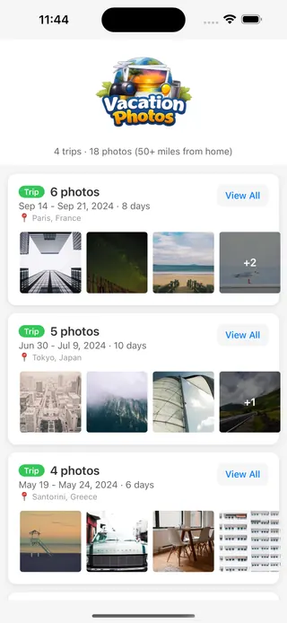 Vacation Photos app showing trips organized by destination
